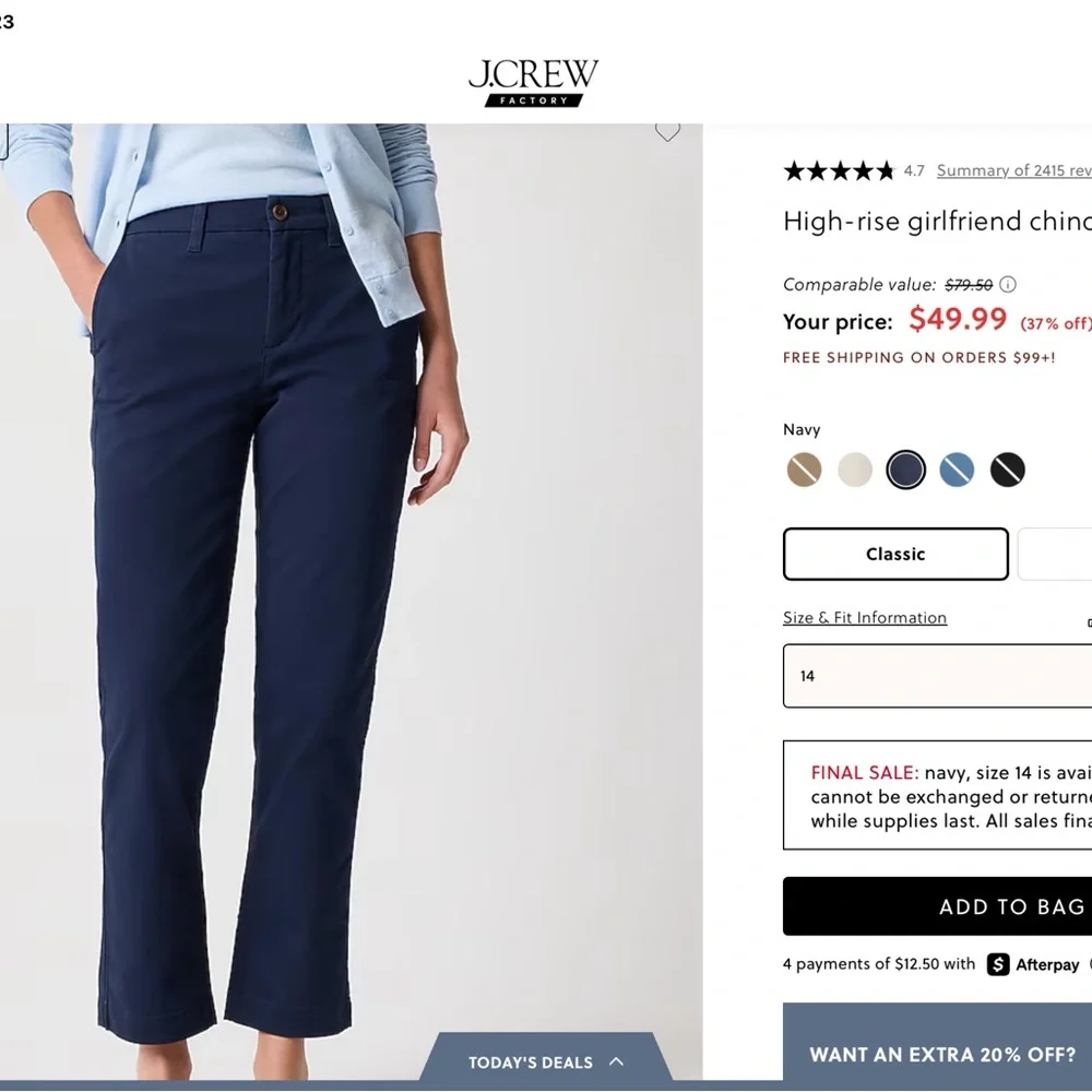 J.Crew High-Rise Girlfriend Chinos. Navy And Black, New With Tags Size 14 - Picture 2 of 5